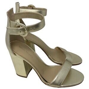 NEW Marc Fisher Magali Heel Size 7.5 M Suede Open Toe Shoe Ankle Strap Gold